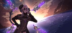 1girl absurdres asashi_amano au_ra black-framed_eyewear black_horns black_scales black_tail cloud dragon_horns dragon_tail female_focus final_fantasy final_fantasy_xiv floating floating_object floating_weapon grin gun hand_on_own_hip hand_up hat highres horns index_finger_raised jewelry looking_at_viewer ocean one_eye_closed pendant purple_eyes shuuko_(s_h_uuko) sky smile solo sunrise tail tail_raised warrior_of_light_(ff14) weapon