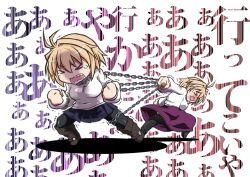 2girls ahoge arcueid_brunestud blonde_hair blue_skirt blush boots chain chained chained_legs closed_eyes crying dual_persona jewelry multiple_girls necklace open_mouth pulling purple_skirt sharp_teeth short_hair skirt struggling sweater teeth tententensan time_paradox translation_request tsukihime tsukihime_(remake) turtleneck turtleneck_sweater white_sweater