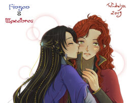 Rule 34 | 2019, 2boys, artist name, black hair, blush, braid, character name, closed mouth, collar, cousins, dated, elf, fingon, gem, green eyes, high collar, kiss, kissing cheek, long hair, looking at viewer, maedhros, male focus, multiple boys, open mouth, pointy ears, red hair, the silmarillion, tolkien&#039;s legendarium, upper body, wavy hair, windrelyn, yaoi