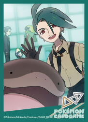 Rule 34 | 2boys, 2girls, :d, androgynous, black gloves, black necktie, black pants, border, brown shirt, clodsire, collared shirt, copyright name, copyright notice, earrings, gloves, green border, green hair, hassel (pokemon), highres, jewelry, larry (pokemon), long hair, multiple boys, multiple girls, necktie, nintendo, official art, open mouth, pants, pokemon, pokemon (creature), pokemon sv, pokemon tcg, ponytail, poppy (pokemon), red eyes, reverse trap, rika (pokemon), shirt, smile, suspenders, teeth, third-party source, upper teeth only, waving