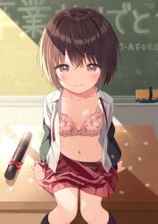 1girl ahoge artist_name black_socks blazer board_eraser bob_cut bow bow_bra bra breasts brown_hair chalkboard cherry_blossoms classroom cleavage collarbone desk diploma feet_out_of_frame graduation hair_between_eyes highres indoors jacket kneehighs knees_together_feet_apart long_sleeves looking_at_viewer neck_ribbon on_desk open_clothes open_jacket open_shirt open_skirt original panties panty_peek pink_bra pink_panties pleated_skirt red_ribbon red_skirt ribbon school_uniform shirt short_hair signature sitting skirt small_breasts smile socks solo underwear undone_neck_ribbon uramakaron white_shirt