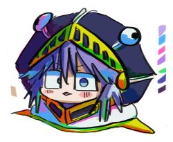 1other androgynous animal_helmet aodo_mikan blue_eyes blue_hair blue_helmet blush_stickers color_guide colorful commentary_request cropped_torso expressionless hair_between_eyes helm helmet len&#039;en looking_at_viewer medium_hair moritake_medias open_mouth other_focus scarf simple_background solo white_background white_scarf