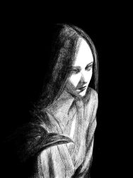 1girl bird black_background black_hair black_outline collared_shirt crow greyscale highres long_hair looking_to_the_side monochrome original outline shirt solo tp_p_pt white_shirt