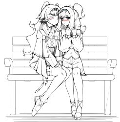 Rule 34 | 109kpm, :o, absurdres, bench, between legs, blue eyes, blush, checkered hairband, clenched hands, closed eyes, dress, hairband, hand between legs, hands up, heads together, highres, lineart, long hair, long sleeves, looking at another, matilda bouanich, medium hair, on bench, one side up, pants, pants under dress, park bench, partially colored, puffy long sleeves, puffy sleeves, reverse:1999, sandals, shoes, short dress, shorts, side-by-side, sitting, sonetto (reverse:1999), two side up, yuri