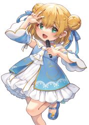1girl absurdres arm_up blonde_hair blue_ribbon blue_shirt blue_shoes blue_sleeves choker crescent_print detached_sleeves double_bun dress feet_out_of_frame frilled_dress frills green_eyes hair_bun hair_ornament hair_ribbon highres holding holding_microphone hoshiduki_beeru indie_virtual_youtuber looking_at_viewer mary_janes microphone music open_clothes open_mouth open_shirt pucho ribbon shirt shoes short_hair signature singing smile solo standing standing_on_one_leg star_(symbol) star_hair_ornament transparent_background virtual_youtuber w white_choker white_dress