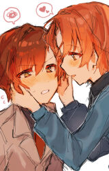 2boys ahoge axis_powers_hetalia black_necktie black_shirt blue_jacket blush brothers brown_hair brown_jacket collared_shirt commentary_request flying_sweatdrops hair_between_eyes hands_on_another&#039;s_face hands_up heart highres incest jacket lapels long_sleeves looking_at_another male_focus military_jacket military_uniform multiple_boys necktie northern_italy_(hetalia) open_mouth orange_hair puffy_long_sleeves puffy_sleeves red_necktie shirt short_hair siblings simple_background smile southern_italy_(hetalia) speech_bubble spoken_heart spoken_squiggle squiggle sweatdrop teeth twins upper_body user_hspu2242 v-shaped_eyebrows white_background yaoi yellow_eyes