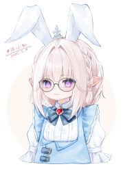 1girl animal_ears blue_dress braided_sidelocks brown_hair dated dress fake_animal_ears final_fantasy final_fantasy_xiv highres lalafell looking_at_viewer maid pointy_ears purple_eyes rabbit_ears sana_(sanamaru_0w0) solo upper_body warrior_of_light_(ff14) white_background