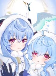 2girls absurdres aged_down ahoge bird black_gloves blue_hair blush bow cape child cloud_retainer_(genshin_impact) crane_(animal) fur-trimmed_headwear fur-trimmed_hood fur_trim ganyu_(genshin_impact) ganyu_(young)_(genshin_impact) genshin_impact gloves hair_between_eyes highres hood horns long_hair looking_at_viewer multiple_girls official_alternate_costume purple_eyes pyongli sidelocks smile upper_body xianyun_(genshin_impact)