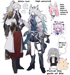 2boys 3girls animal_ears asymmetrical_legwear boots chibi coat feixiao_(honkai:_star_rail) fox_ears fu_xuan_(honkai:_star_rail) gradient_hair grey_hair hair_ornament hair_stick high_ponytail highres honkai:_star_rail honkai_(series) jiaoqiu_(honkai:_star_rail) jing_yuan long_hair mismatched_legwear multicolored_hair multiple_boys multiple_girls no_eyes open_clothes open_coat pants pink_hair ponytail purple_hair red_pants roymsygxelaxpgk short_hair shorts speech_bubble standing stelle_(honkai:_star_rail) thigh_strap trailblazer_(honkai:_star_rail) two-tone_hair uneven_legwear very_long_hair white_background white_hair yellow_eyes