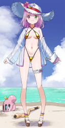 1girl 1other baseball_bat beach bikini breasts cloud feet full_body garter_straps gold_bikini groin hat head_bump helmet heterochromia highres himemori_luna hololive legs luknight_(himemori_luna) micro_bikini navel ocean off_shoulder open_clothes open_shirt pink_hair sandals shio_no.9 shirt short_hair single_garter_strap sky smile standing sun_hat swimsuit thighs toes white_hat white_shirt