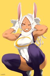 1girl abs absurdres animal_ears armpits artist_name biceps boku_no_hero_academia breasts dark-skinned_female dark_skin fur_trim gloves grey_shoes heattech_leotard high_ponytail highleg highleg_leotard highres large_breasts leotard long_eyelashes long_hair looking_at_viewer mirko multicolored_leotard muscular muscular_female ponytail purple_leotard purple_thighhighs rabbit_ears rabbit_girl rabbit_pose shoes short_eyebrows signature sleeveless sleeveless_turtleneck sleeveless_turtleneck_leotard smile solo squatting stayaliveplz tan teeth thighhighs thighs tiptoes turtleneck very_long_hair white_gloves white_hair white_leotard yellow_background