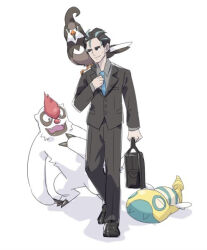 1boy adjusting_clothes adjusting_necktie bird black_eyes black_footwear black_hair black_jacket black_pants blue_necktie briefcase closed_mouth collared_shirt commentary_request creatures_(company) dunsparce game_freak gen_2_pokemon gen_3_pokemon gen_4_pokemon grey_shirt holding holding_briefcase jacket larry_(pokemon) long_sleeves male_focus necktie nejikyuu nintendo on_shoulder pants pokemon pokemon_(creature) pokemon_on_shoulder pokemon_sv shirt shoes short_hair smile standing staravia vigoroth white_background