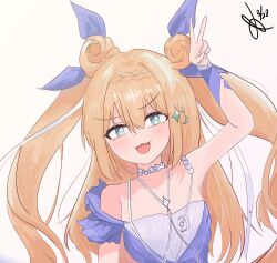 1girl artist_request bare_shoulders blonde_hair blue_ribbon blush choker collarbone commentary_request fang gradient_background hair_between_eyes highres indie_virtual_youtuber korean_commentary long_hair looking_at_viewer meechu min02 min02_(1st_costume) open_mouth ribbon signature smile solo twintails v virtual_youtuber