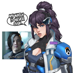 Rule 34 | armor, breasts, breikka, captain lacroix, cleavage, cleavage cutout, clothing cutout, cropped jacket, english text, fantastic four, high ponytail, marvel, meme, open mouth, overwatch, ponytail, purple hair, real life, sombra (overwatch), speech bubble, white background, widowmaker (overwatch)