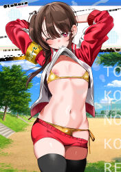 1boy armband bikini biting biting_clothes brown_hair bulge cover crossdressing day field gold_bikini gym_uniform highres magazine_cover male_focus micro_bikini navel nipples one_eye_closed original otoko_no_kollection ouchi_kaeru outdoors pink_eyes shorts side-tie_bikini_bottom skindentation solo stomach swimsuit thick_thighs thighs trap tying_hair