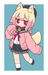 1girl animal_ear_fluff animal_ears bell beret black_skirt blonde_hair blue_background collar cosplay fox_ears fox_tail full_body hair_bobbles hair_ornament hat highres jingle_bell kemomimi-chan_(naga_u) long_sleeves looking_at_viewer naga_u neck_bell open_clothes original parted_lips pleated_skirt red_eyes sailor_collar school_uniform shirt skirt sleeves_past_fingers sleeves_past_wrists socks solo suama-kun_(naga_u) suama-kun_(naga_u)_(cosplay) tail white_shirt white_socks