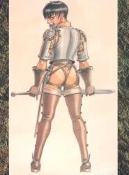 1990s_(style) 1girl armor ass berserk black_hair boots casca_(berserk) from_behind looking_back lowres miura_kentarou short_hair sword thigh_boots thighhighs weapon
