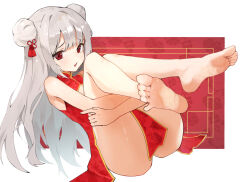 1girl barefoot chinese_clothes double_bun feet grey_hair hair_bun hugging_own_legs kagemoe1003 light_blush long_hair looking_at_viewer original parted_lips red_eyes soles toes