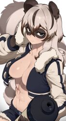 1girl abs animal_ears black_eyes black_jacket black_shorts bottle breasts brown_hair brown_nails cleavage closed_mouth colored_tips commentary commission cropped_jacket crossed_bangs cutoffs english_commentary facial_scar fingernails freefgp hair_between_eyes highres holding holding_bottle jacket large_breasts letterman_jacket light_blush long_sleeves looking_at_viewer micro_shorts multicolored_hair muscular muscular_female navel no_bra no_shirt open_clothes open_jacket original raccoon_ears raccoon_girl raccoon_tail scar scar_on_cheek scar_on_face sharp_fingernails shiny_skin shorts solo sports_bottle streaked_hair sweat tail very_long_fingernails wavy_mouth wiping_sweat