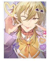 1boy :p alternate_costume bangs_pinned_back bat_wings beret bishounen blonde_hair blurry border bow bowtie cardigan casual collar collared_shirt depth_of_field double-parted_bangs drawn_heart ensemble_stars! grey_eyes hair_between_eyes hair_ornament hairpin hakaze_kaoru hat heart heart_hands heart_hands_duo heart_ring highres jewelry kaoso lace locket long_sleeves looking_at_viewer male_focus necklace one_eye_closed pearl_necklace pendant pink_collar portrait purikura purple_bow purple_cardigan purple_hat shadow shirt solo tongue tongue_out v-shaped_eyebrows white_background white_border white_shirt wings wolf_cut yellow_bow yellow_bowtie