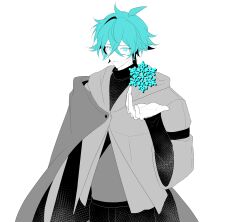 Rule 34 | 1boy, absurdres, ahoge, aqua eyes, aqua hair, buttons, chinese commentary, closed mouth, commentary request, cowboy shot, crossed bangs, double-parted bangs, floating, floating object, hair between eyes, hand up, high contrast, highres, hood, hood down, hooded jacket, jacket, layered sleeves, long sleeves, looking at viewer, male focus, no pupils, pants, partially colored, personification, plants vs. zombies, shirt, short hair, short over long sleeves, short sleeves, siiiiiiiiiii, simple background, snow pea (plants vs. zombies), snowflakes, solo, standing, turtleneck, white background