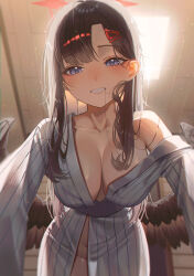 1girl absurdres alternate_costume black_hair black_wings blue_archive blue_eyes blush breasts cleavage domi_(hongsung0819) feathered_wings girl_on_top grin hair_behind_ear hair_ornament hairclip highres ichika_(blue_archive) japanese_clothes kimono large_breasts long_hair looking_at_viewer no_bra no_panties pov sidelocks single_bare_shoulder smile solo striped_clothes striped_kimono vertical-striped_clothes vertical-striped_kimono white_kimono wings yukata