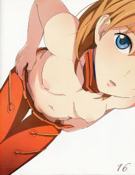 1girl :o absurdres blue_eyes breasts downpants female_focus groin highres leaning_forward looking_at_viewer mebae mecha_pilot_suit medium_breasts navel neon_genesis_evangelion nipples orange_hair plugsuit_(evangelion) puffy_nipples solo souryuu_asuka_langley standing test_plugsuit_(evangelion) thigh_gap topless_female undressing