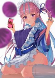114514_(meme) 1boy 1girl absurdres apron breasts dress highres hololive long_hair maid maid_apron maid_headdress manatsu_no_yo_no_inmu minato_aqua minato_aqua_(new_year) nail_polish onion open_mouth phone pink_eyes purple_hair shi_ling_fangcheng solo thighs virtual_youtuber white_legwear yajuu_senpai