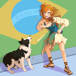 1girl :d blue_vest border_collie brazil_dog_dance_(meme) brazilian_flag bright_pupils brown_sandals dancing dog full_body green_hairband hairband hat hat_on_back hayde_ink holster looking_at_animal lopera_(reverse:1999) meme miniskirt open_mouth orange_eyes orange_hair pickles_(reverse:1999) reverse:1999 sandals shirt shoulder_holster side_ponytail skirt smile solo straw_hat teeth vest white_pupils white_shirt white_skirt yellow_hat