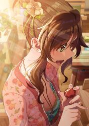 1girl absurdres amatsu_amaguri aqua_shirt ball basket bloom blue_bra bra breasts classroom desk downblouse drawer dress fingernails floral_print_dress flower flower_necklace from_side glint hair_bun hair_flower hair_ornament highres holding holding_ball idolmaster idolmaster_cinderella_girls indoors jewelry kindergarten light_particles light_rays long_fingernails long_sidelocks nape necklace nipple_slip nipples open_mouth pink_dress plant print_dress shirt sidelighting sidelocks small_breasts smile solo sparkle standing sunbeam sunlight takamori_aiko teacher tongue toy underwear upper_body wavy_hair wooden_floor