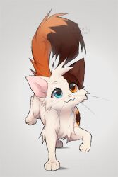Rule 34 | :3, animal, animal focus, azzai, blue eyes, borrowed character, calico (pattern), cat, commentary, english commentary, full body, grey background, heterochromia, no humans, orange eyes, original, simple background, solo, standing, warrior cats, watermark, whiskers