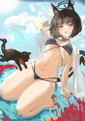 1girl animal_ears bikini black_eyes black_tail blue_archive blue_bikini cat cat_ears cat_girl cat_tail colored_inner_animal_ears halo highres kikyou_(blue_archive) kikyou_(swimsuit)_(blue_archive) multi-strapped_bikini_bottom multiple_tails solo stalwhat swimsuit tail two_tails