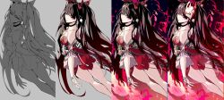 1girl absurdres aer007580 artist_name back_tattoo bell black_choker black_hair breasts chest_tattoo choker commentary dress dutch_angle english_commentary facial_mark feet_out_of_frame fox_mask from_behind highres honkai:_star_rail honkai_(series) japanese_clothes jingle_bell kimono long_hair looking_to_the_side making-of_available mask mask_on_head medium_breasts neck_bell pink_eyes red_dress short_kimono solo sparkle_(honkai:_star_rail) tattoo twintails very_long_hair