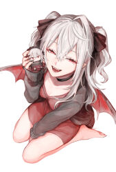 Rule 34 | 1girl, absurdres, barefoot, black choker, black jacket, black nails, black ribbon, breasts, character doll, choker, cleavage, demon wings, doll, fangs, genderswap, genderswap (mtf), grey hair, hair ribbon, half-closed eyes, highres, jacket, long hair, looking at viewer, mole, mole under eye, nail polish, nijisanji, open mouth, pointy ears, red eyes, red shirt, ribbon, sanya (kuzuha), shirt, simple background, single hair intake, sitting, smile, solo, urara (sia8artchu), virtual youtuber, white background, wings