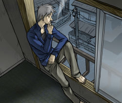 1boy akagi akagi:_yami_ni_oritatta_tensai akagi_shigeru artist_request cigarette fukumoto_mahjong holding holding_cigarette male_focus smoking solo window
