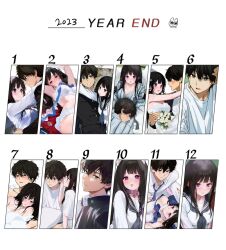 Rule 34 | 1boy, 1girl, artist logo, black hair, black sailor collar, blue neckerchief, blush, chitanda eru, dress, green eyes, highres, hyouka, kyoto animation, logo, long hair, mery (yangmalgage), neckerchief, oreki houtarou, purple eyes, sailor collar, school uniform, serafuku, simple background, wedding dress