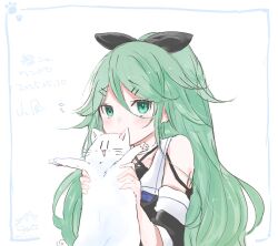 1girl black_ribbon black_serafuku blue_neckerchief cat character_name copyright_name dated detached_sleeves green_eyes green_hair hair_between_eyes hair_flaps hair_ribbon highres kantai_collection kurohina_(kurohina_66_s) long_hair longcat_(meme) looking_at_viewer meme neckerchief one-hour_drawing_challenge ponytail ribbon sailor_collar school_uniform serafuku solo white_background white_cat white_sailor_collar yamakaze_(kancolle)