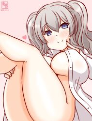 1girl alternate_costume artist_logo blue_eyes blush breasts dated gradient_background grey_hair kanon_(kurogane_knights) kantai_collection kashima_(kancolle) large_breasts logo long_hair looking_at_viewer no_bra no_panties one-hour_drawing_challenge open_clothes open_shirt pink_background smile solo twintails wavy_hair