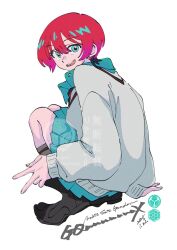 1girl amate_yuzuriha aqua_eyes asagiwa_ico boots full_body gundam gundam_gquuuuuux highres looking_at_viewer red_hair school_uniform short_hair skirt smile solo v