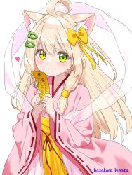 1girl ahoge animal_ear_fluff animal_ears artist_name blonde_hair blush bow cat_ears cat_girl closed_mouth commentary_request extra_ears fish_hair_ornament green_eyes hagoromo hair_bow hair_ornament hair_tubes hairclip happy hazakura_hinata heart heterochromia highres holding holding_tanzaku japanese_clothes kimono kurumi_(hazakura_hinata) long_hair long_sleeves looking_at_viewer original parallel_hairclips pink_kimono shawl sidelocks simple_background smile solo tanabata tanzaku white_background wide_sleeves yellow_bow yellow_eyes