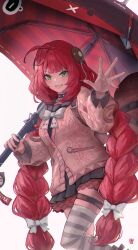 Rule 34 | 1girl, absurdres, black sailor collar, black skirt, braid, breasts, choker, green eyes, grey thighhighs, hat, highres, kama (zenless zone zero), long hair, long sleeves, looking at viewer, medium breasts, ootato, open mouth, outstretched arm, pink sweater, raccoon, red hair, sailor collar, school uniform, skirt, smile, sphere hair ornament, striped clothes, striped thighhighs, sweater, thighhighs, twin braids, ukinami yuzuha, umbrella, zenless zone zero