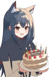1girl :d animal_ear_fluff animal_ears arknights birthday_cake black_hair blush brown_eyes cake candle character_name commentary fire food happy_birthday highres holding holding_plate kuwan4971 long_hair long_sleeves open_mouth plate sidelocks simple_background smile solo texas_(arknights) upper_body white_background wolf_ears wolf_girl