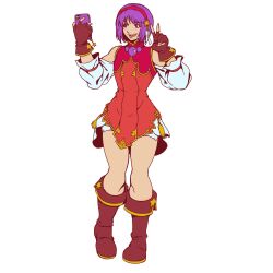 1girl art0408spoon asamiya_athena boots breasts dress female_focus fingerless_gloves gloves hairband highres jewelry leather open_mouth pale_skin phone purple_eyes purple_hair short_hair skirt smile smiley_face spoonshark standing star_(symbol) the_king_of_fighters thick_thighs thighs wide_hips