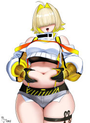 1girl absurdres ahoge belly_grab blonde_hair blush breasts commentary cropped_sweater elegg_(nikke) english_commentary gloves goddess_of_victory:_nikke grey_shorts hair_intakes hair_over_eyes highres long_bangs long_sleeves micro_shorts navel oldmanjenkins84 open_mouth plump short_hair shorts smile solo