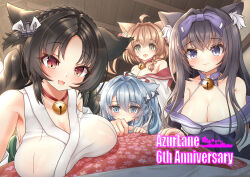 Rule 34 | 4girls, :3, anchor hair ornament, animal ear fluff, animal ears, anniversary, arashio (azur lane), asashio (azur lane), azur lane, bare shoulders, bell, black hair, blue eyes, blue hair, braid, breasts, cat ears, cat girl, cleavage, copyright name, hair ornament, highres, japanese clothes, jingle bell, large breasts, light blush, long hair, looking at viewer, michishio (azur lane), multiple girls, neck bell, ooshio (azur lane), oppai loli, orange hair, parted bangs, purple eyes, red eyes, ryusei (perseids1993), yellow eyes