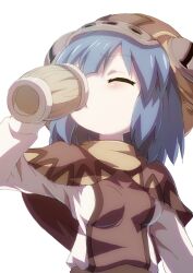 1girl blue_hair blush breasts brown_capelet capelet closed_eyes cup drinking hat highres holding holding_cup long_sleeves made_in_abyss medium_breasts mug pakkoyan short_hair simple_background solo upper_body white_background ximu_shilang