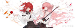 2girls apple arknights black_choker black_ribbon black_skirt character_name choker cross detached_wings exusiai_(arknights) exusiai_the_new_covenant_(arknights) food frilled_shirt frills fruit gun halo highres holding holding_food holding_fruit holding_gun holding_weapon long_hair lumen_(arknights) multiple_girls neck_ribbon one_side_up parted_lips pink_eyes pink_hair red_hair ribbon rifle shirt short_hair simple_background skirt sniper_rifle weapon white_background white_shirt wings yellow_eyes yellow_halo zhanzhan_lan