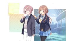 2girls arimura_mao belt blazer blue_eyes blue_skirt brown_hair building buttons cloud emblem gakuen_idolmaster game_cg highres himesaki_rinami idolmaster jacket multiple_girls neck_ribbon official_art open_mouth pants pantyhose ribbon school_uniform skirt sweater_vest tree white_pants