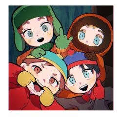 Rule 34 | 4boys, beanie, black gloves, black hair, black jacket, blonde hair, blue eyes, blue headwear, brown eyes, brown hair, eric cartman, freckles, gloves, green gloves, green headwear, hands up, hat, highres, hood, hood up, jacket, kenny mccormick, kyle broflovski, male focus, multiple boys, omochisan216, open mouth, orange jacket, red gloves, red jacket, short hair, smile, south park, south park: post covid, stan marsh, teeth, tongue, tongue out, upper body, upper teeth only, yellow gloves