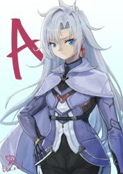 1girl a_(xenoblade) armored_bodysuit asymmetrical_bangs blue_cape blue_eyes cape character_name commentary_request daxel0126 earrings eyelashes gradient_background grey_hair highres jewelry long_hair looking_at_viewer solo standing xenoblade_chronicles_(series) xenoblade_chronicles_3 xenoblade_chronicles_3:_future_redeemed